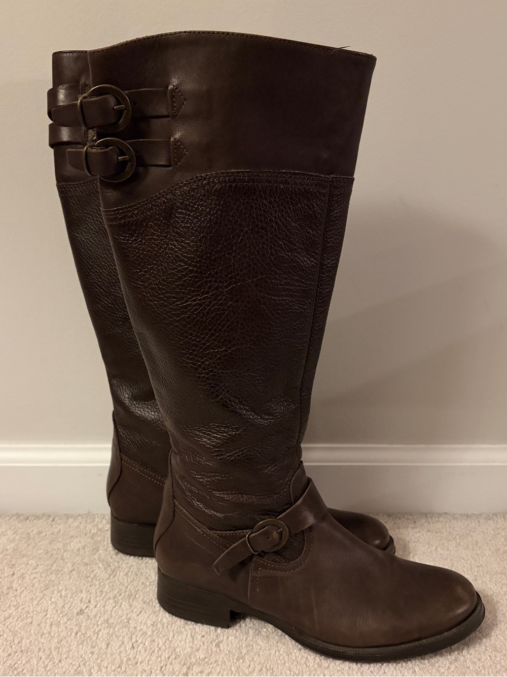 Aldo Dark Brown Knee High Leather Boots with Buckle Straps - Size 39/8